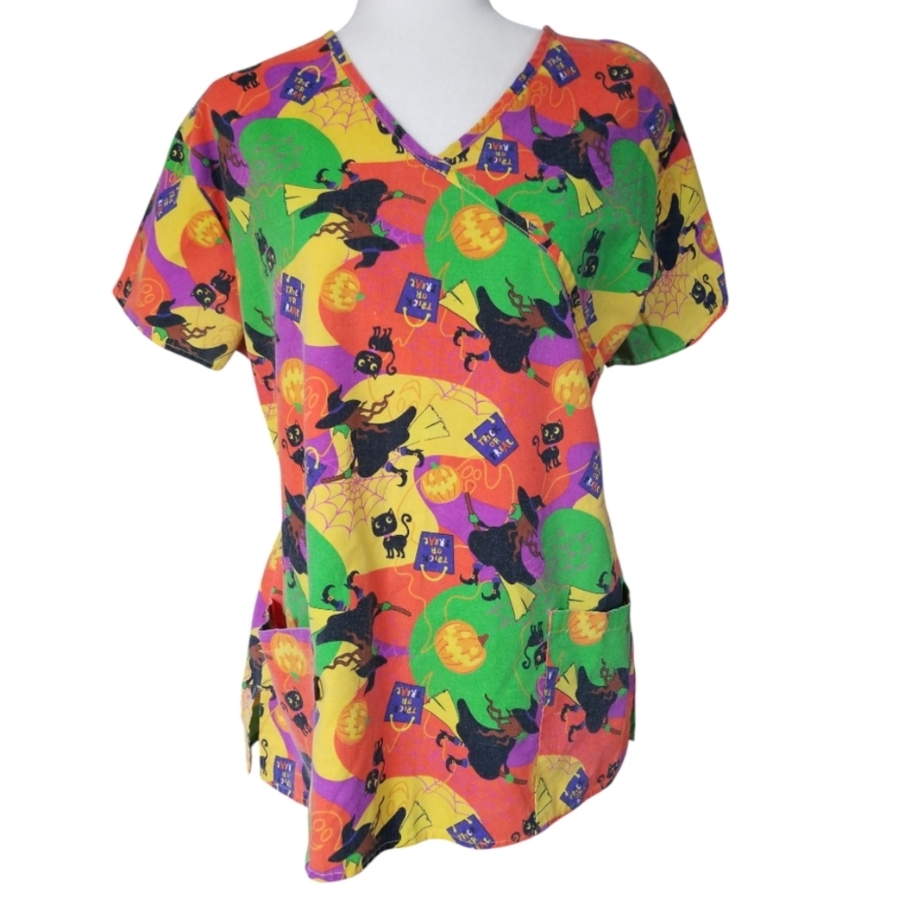 Vibrant Halloween Witch Print Women's Scrub Top